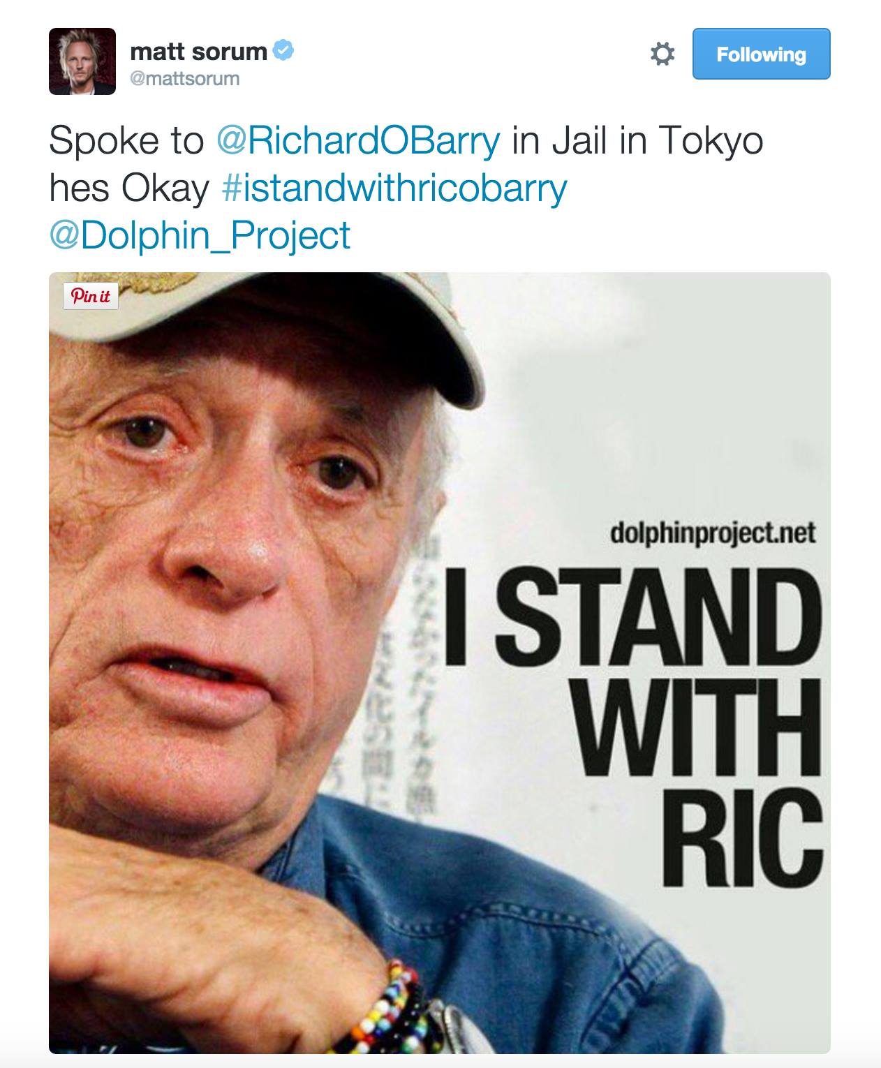 Matt Sorum tweets for Ric O'Barry